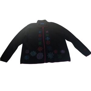 Karen Scott Sport Wool Zip Sweater XL Black Snowflake Embroidered Holiday Winter